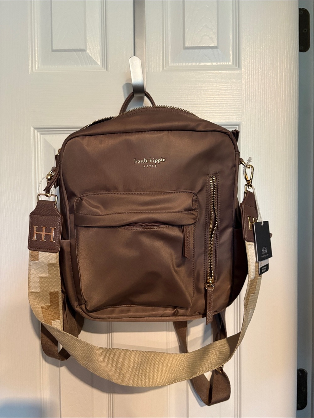 BNWT HAUTE HIPPIE Viral Brown Nylon Crossbody Backpack with Beige Strap